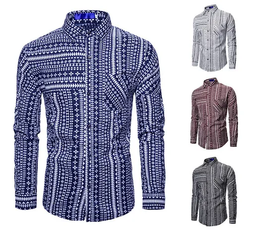 Title 4, Striped Print Lapel Long Sleeve Shirt
