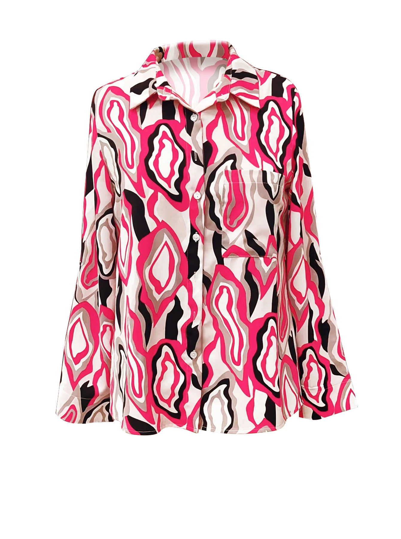 Rose Abstract Printing Curling Sleeve Chest Pocket Shirt. Stylish and comfortable shirt featuring a rose print, curling — photo 7