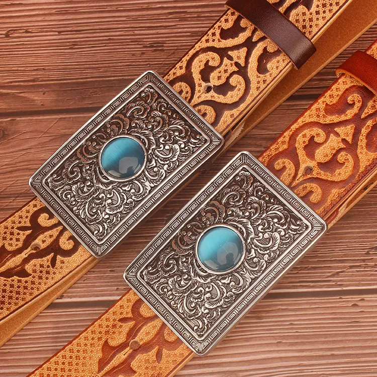 Title 3, Ethnic Style Carved Leather Belt, Top Layer Cow...
