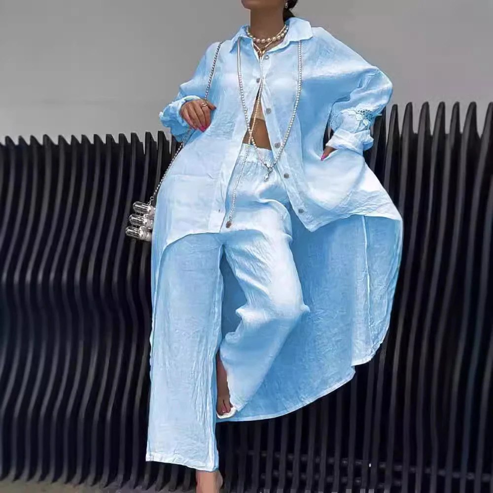 Title 6, Womens Cotton And Linen Shirt Wide Leg Pants Suit