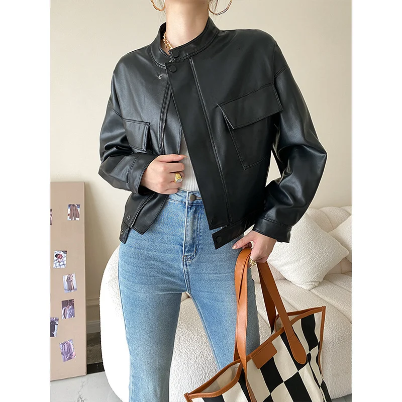 Title 6, Womens Casual Small Stand Collar Leather Jacke...