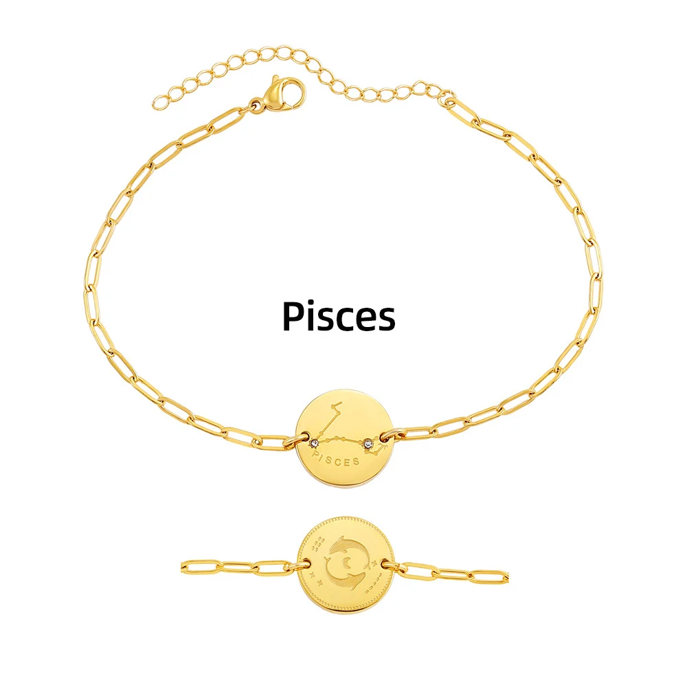 Pulseira de aço titânio e ouro 18K, placa redonda, constelações com diamantes, elegância estelar. — foto 7