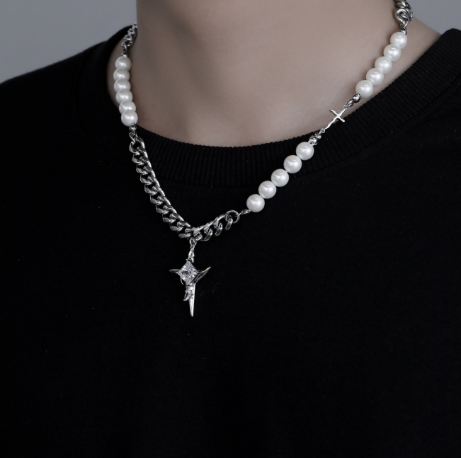 Colar masculino de aço titânio com cruz de pérola, fashion e resistente, um acessório moderno para homens, ideal para uso diário e presente. — foto 1