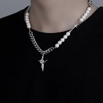Colar masculino de aço titânio com cruz de pérola, fashion e resistente, um acessório moderno para homens, ideal para uso diário e presente. — foto 1