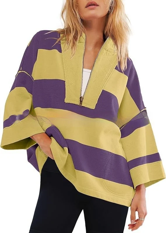 Felpa da donna con mezza zip e camicia oversize a righe abbinata ai colori — foto 8
