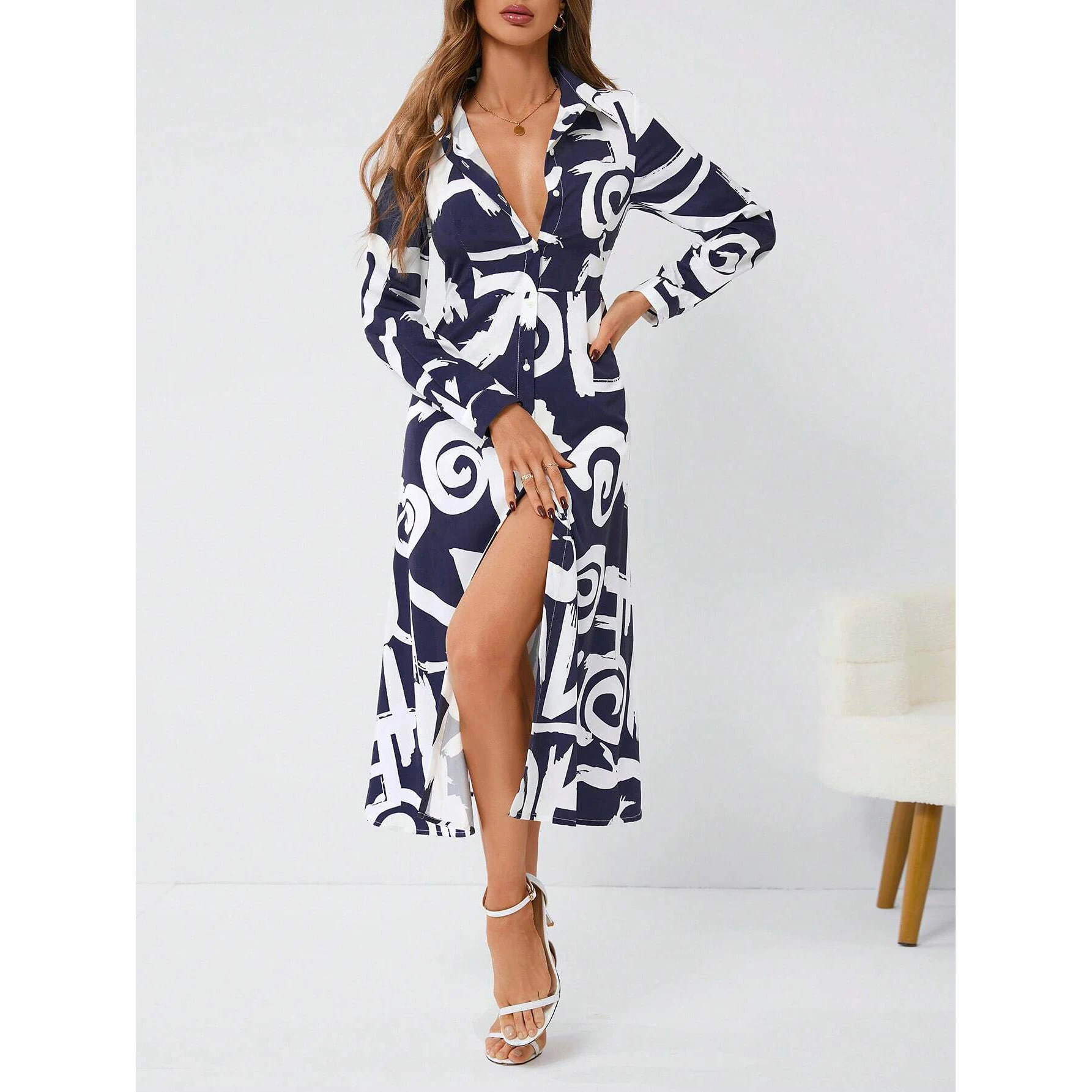 Title 2, High Side Slit Floral Print Long Sleeve Dress