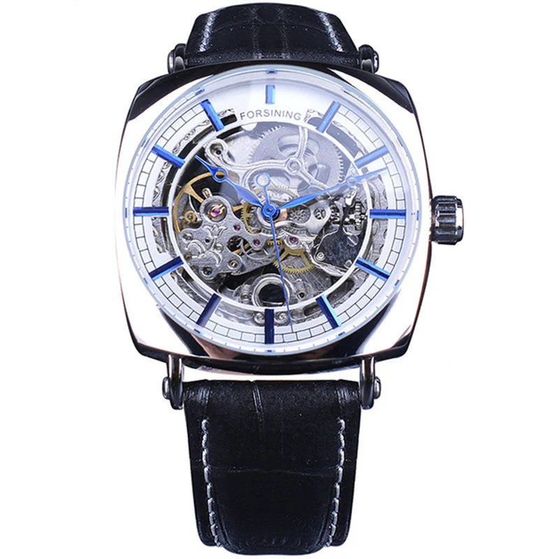 Relógio Forsining preto automático masculino, couro genuíno, luxo dourado, esqueleto transparente, estilo real e fashion. — foto 3