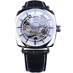 Relógio Forsining preto automático masculino, couro genuíno, luxo dourado, esqueleto transparente, estilo real e fashion. — foto 3