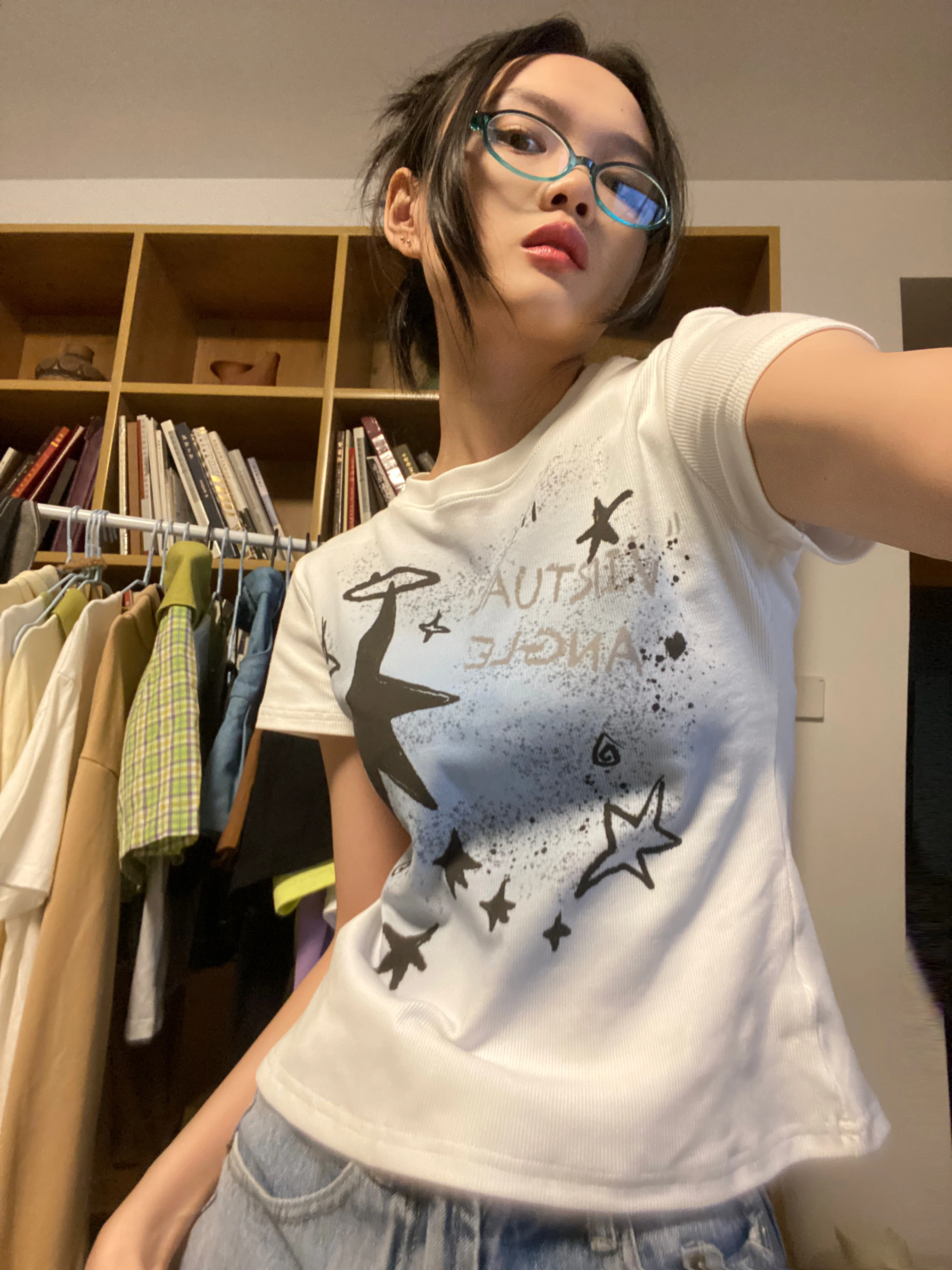 Title 5, Original Basic Hand-painted Star White T-shirt