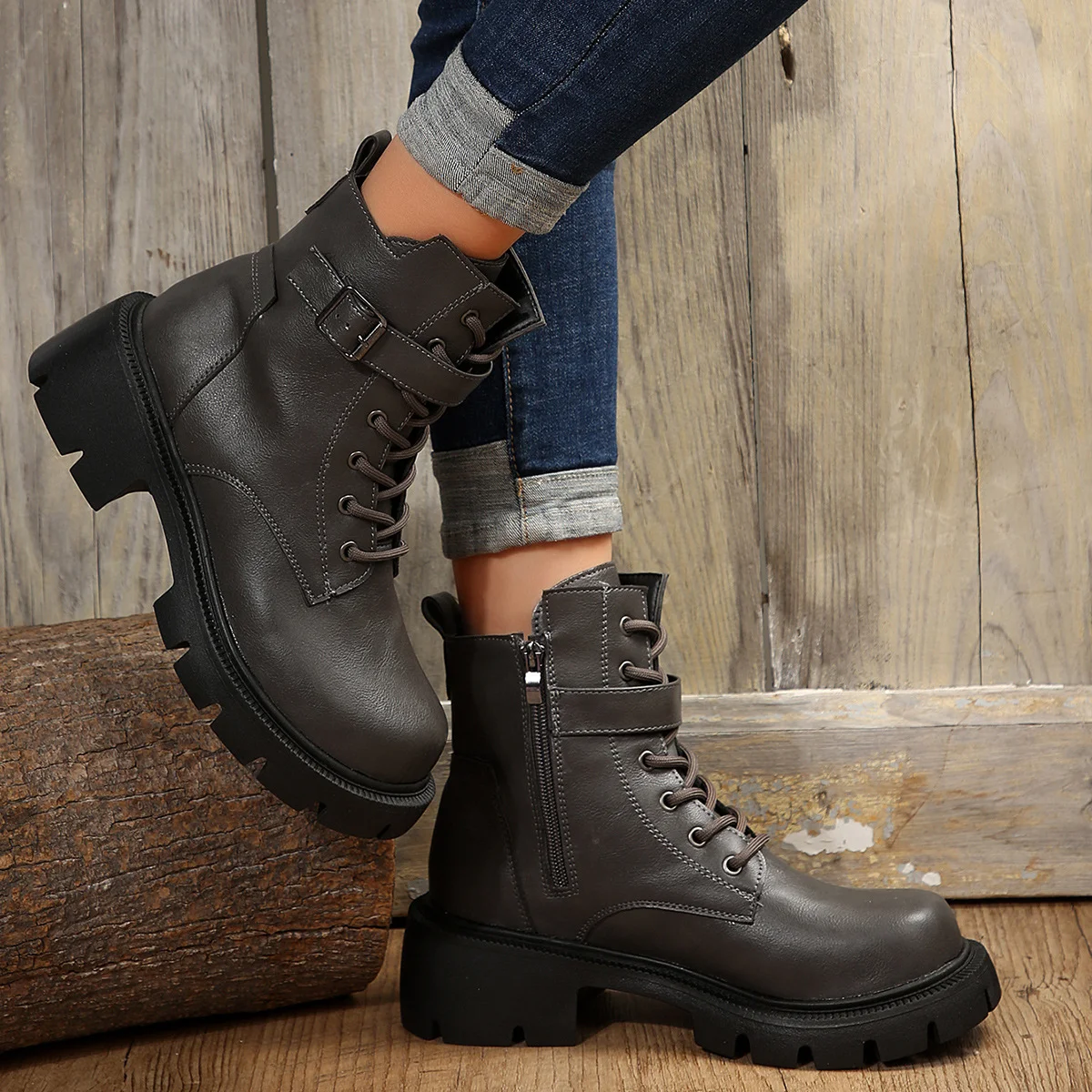 Botas Martin para mujer otoño e invierno nuevas talla grande, punta redonda, tacón grueso casual media caña — foto 24