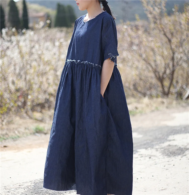 Title 1, Dark denim blue high waist pleated burr handmad...