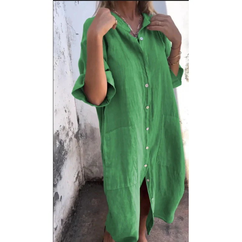 Loose Casual Half Sleeve Cotton Linen Shirt Dress Women — photo 3