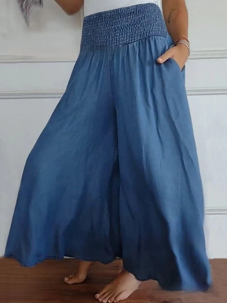 Pantalon femme en jean décontracté taille haute, jambes larges, smocks et poches, pour un confort et un style inégalés. — photo 2