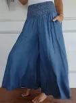 Pantalon femme en jean décontracté taille haute, jambes larges, smocks et poches, pour un confort et un style inégalés. — photo 2