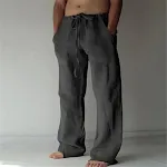 Erkek Keten Günlük Pantolon, Tek Renk, İnce ve Rahat. Yaz ayları ve gündelik kullanım için ideal, şıklık ve konforu bir arada sunar. — Fotoğraf 9