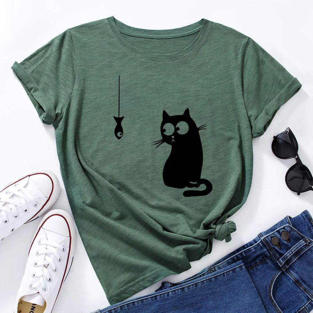 Camiseta feminina fofa de algodão com gatinho, gola redonda soltinha e manga curta, perfeita para um visual casual, confortável e estiloso. — foto 20
