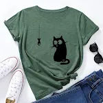 Camiseta feminina fofa de algodão com gatinho, gola redonda soltinha e manga curta, perfeita para um visual casual, confortável e estiloso. — foto 20