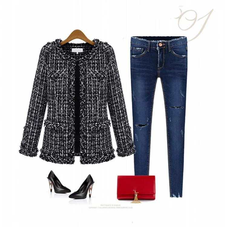 Title 6, Giacca donna in tweed a quadri bianco e nero au...
