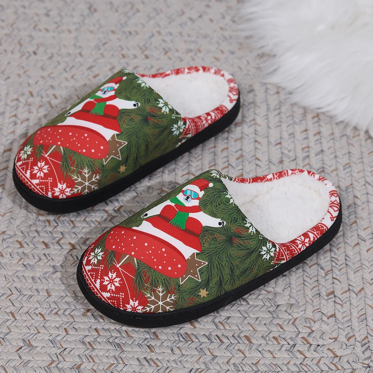 Title 3, Christmas Snowman Elk Santa Claus Print Slipper...