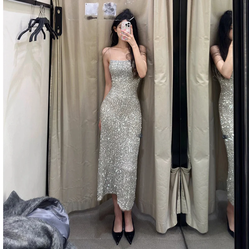 Title 2, Womens Slimming Silver Paillette Dress