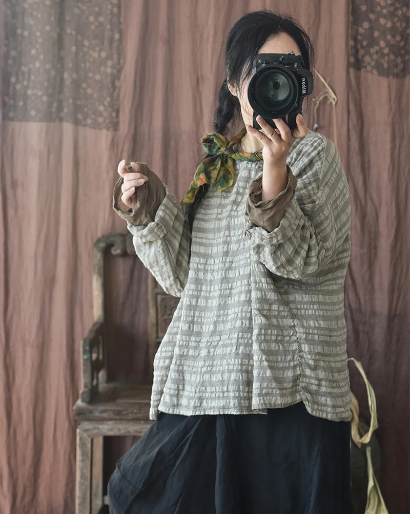 Title 12, Cappotto donna in lino a righe tinto in filo, c...