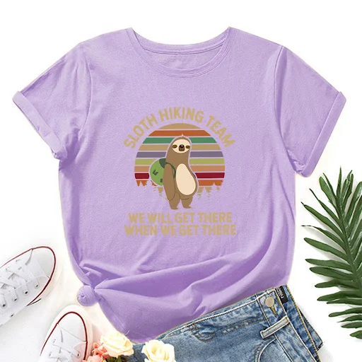 Title 12, Sloth Print Loose Round Neck Short Sleeves