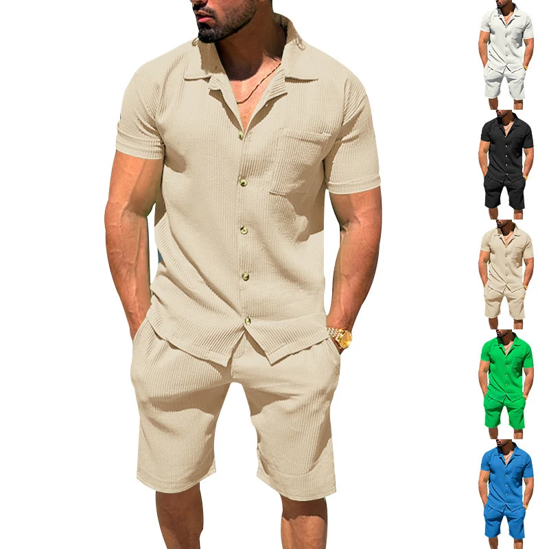 Men's Lapel Cardigan Shorts 2 Pieces Suit Summer Solid Color Vertical Stripes Short Sleeve Shorts perfect for warm weath — photo 6