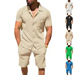 Men's Lapel Cardigan Shorts 2 Pieces Suit Summer Solid Color Vertical Stripes Short Sleeve Shorts perfect for warm weath — photo 6