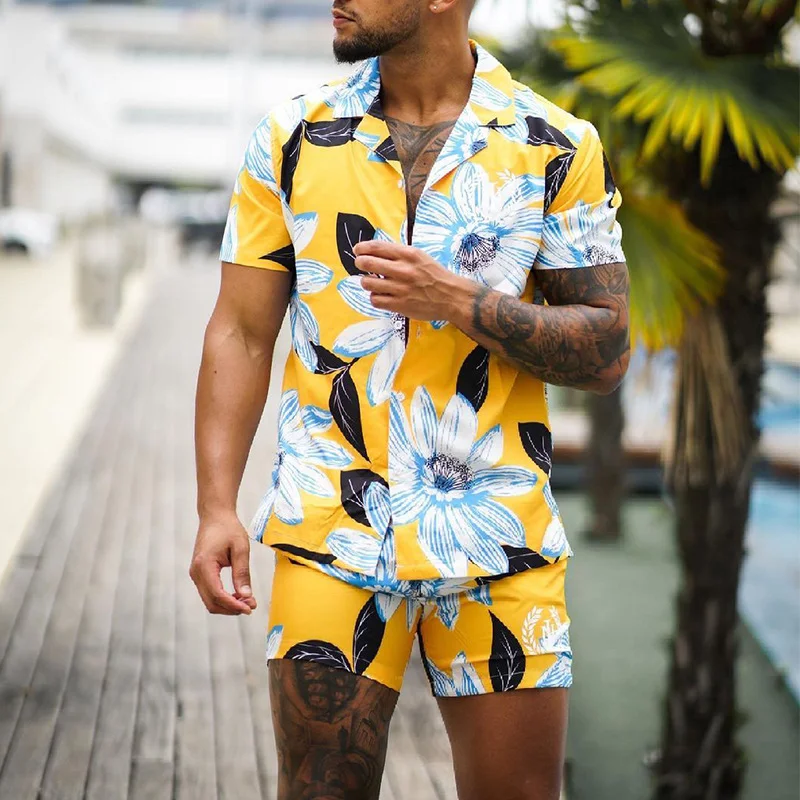 Conjunto masculino solto de praia com camisa estampada e shorts, terno fashion de duas peças, ideal para o verão e o lazer. — foto 10
