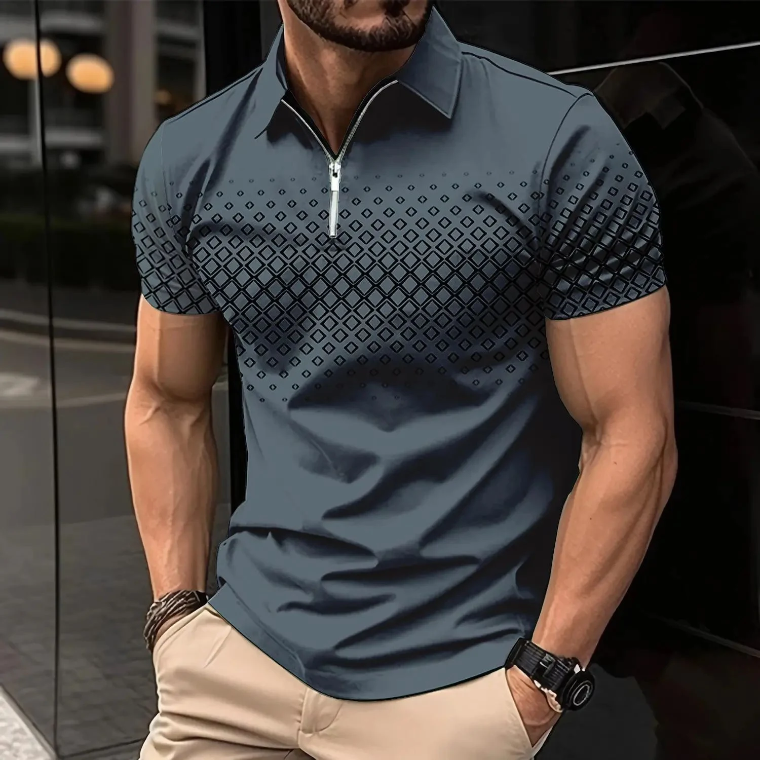 T-shirt da uomo casual con zip, stampa digitale 3D, maniche corte, tendenza moderna e confortevole per l'uso quotidiano. — foto 26