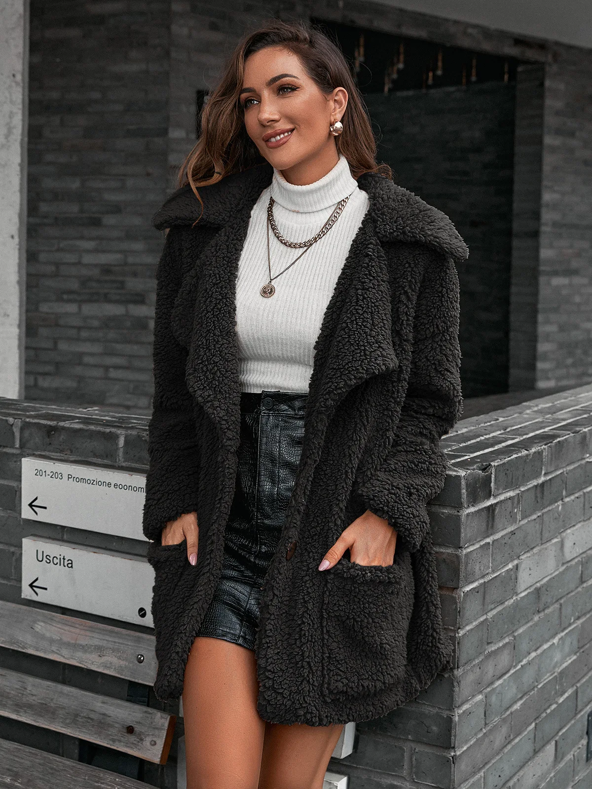 Title 3, Single Breasted Bubble Fleece Jacket Loose Lape...