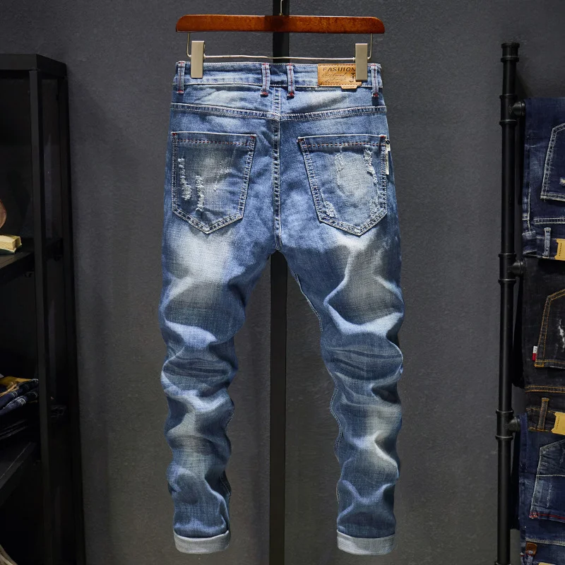 Men's Ripped Jeans Slim Fit Light Blue Stretch Comfortable & Stylish Everyday Wear for Modern Men — photo 2