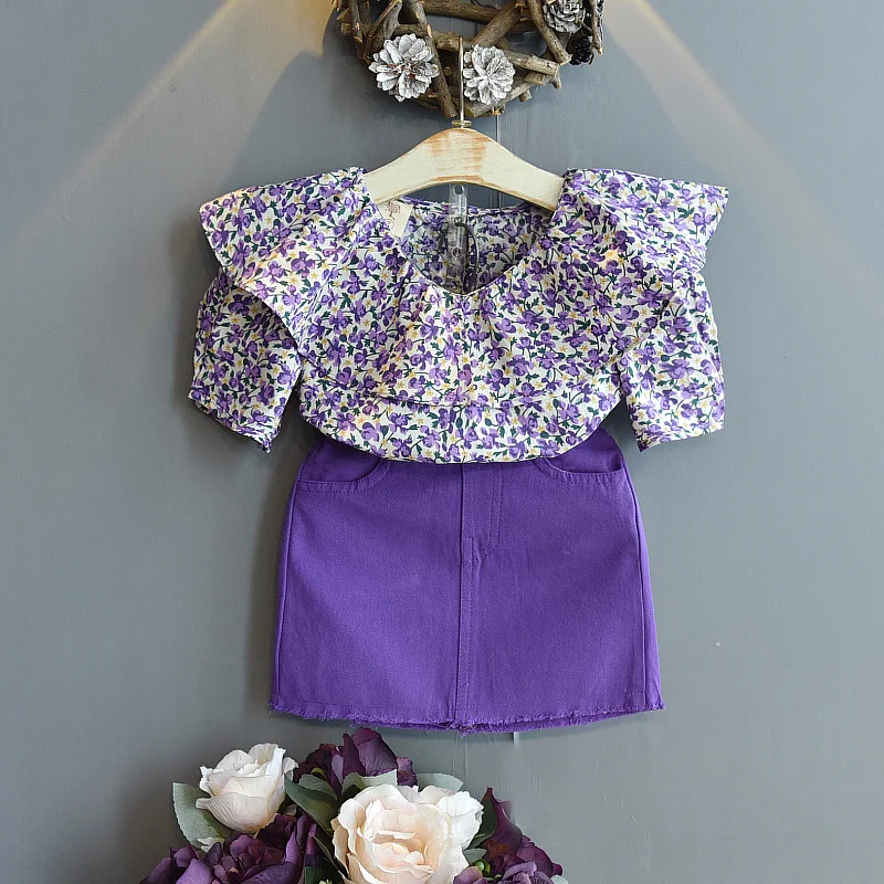 Abbigliamento Estivo Bambini Moda Coreana Camicia con Collo a Foglia di Loto e Gonna Completo Bambina Viola Per l'Estate — foto 1