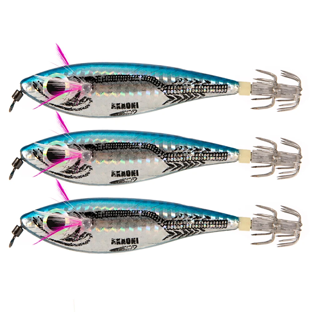Anzuelo para calamar y camarón de madera con cuerpo azul y forma de vientre redondo. Señuelo ABS con plomo, ideal pesca. — foto 1