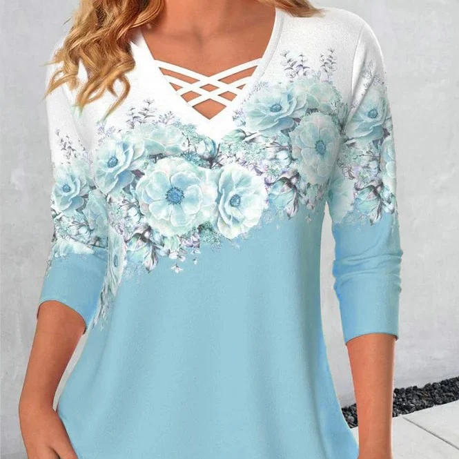 Title 2, Womens V-neck Flower Print Long-sleeved T-shirt
