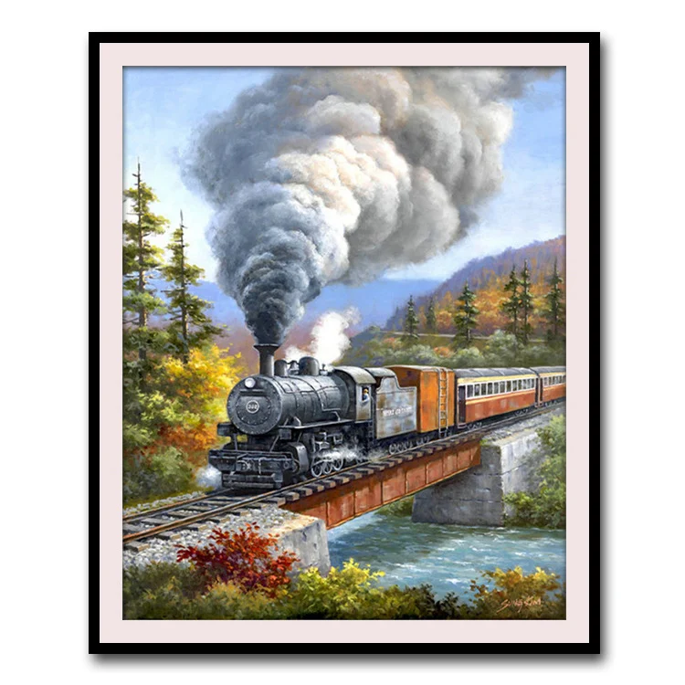 Pittura decorativa per soggiorno con treno a punto croce, un'arte murale fatta a mano per abbellire la tua casa con eleganza e originalità. — foto 4