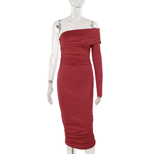 Title 13, One-shoulder Pleated Long Sleeve Dress Women
