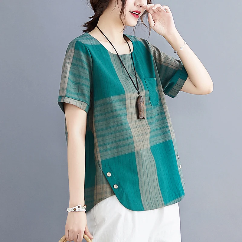Artistic Plaid Cotton And Linen T-shirt Wear Pullover Round Neck Short Sleeve Top — photo 1