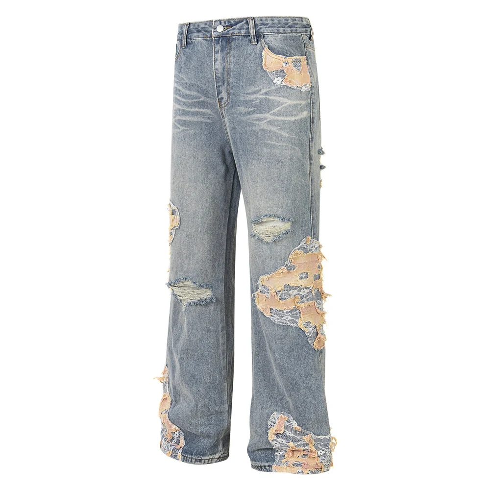 Lace Patchwork Stitching Loose Denim Trousers offer casual comfort and style. A versatile choice for everyday wear, thes — photo 12