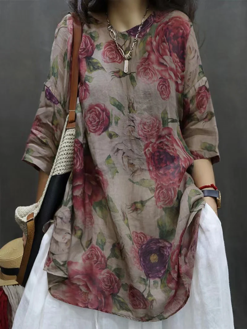 Title 2, Vintage Floral Print Mid-length Sleeves V-neck ...