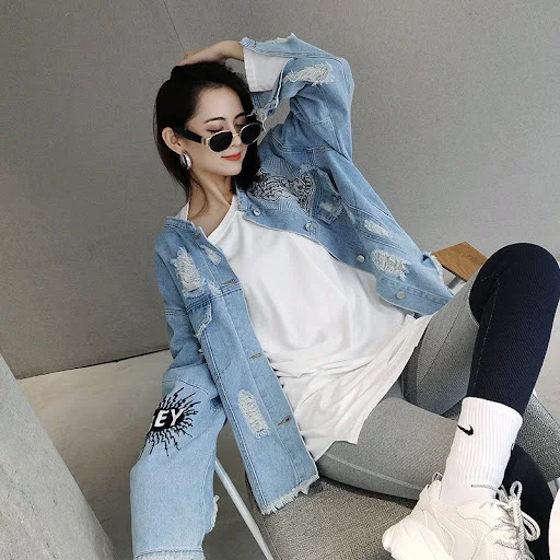 Title 3, Color Sequin Letters Frayed Holes Loose Denim J...