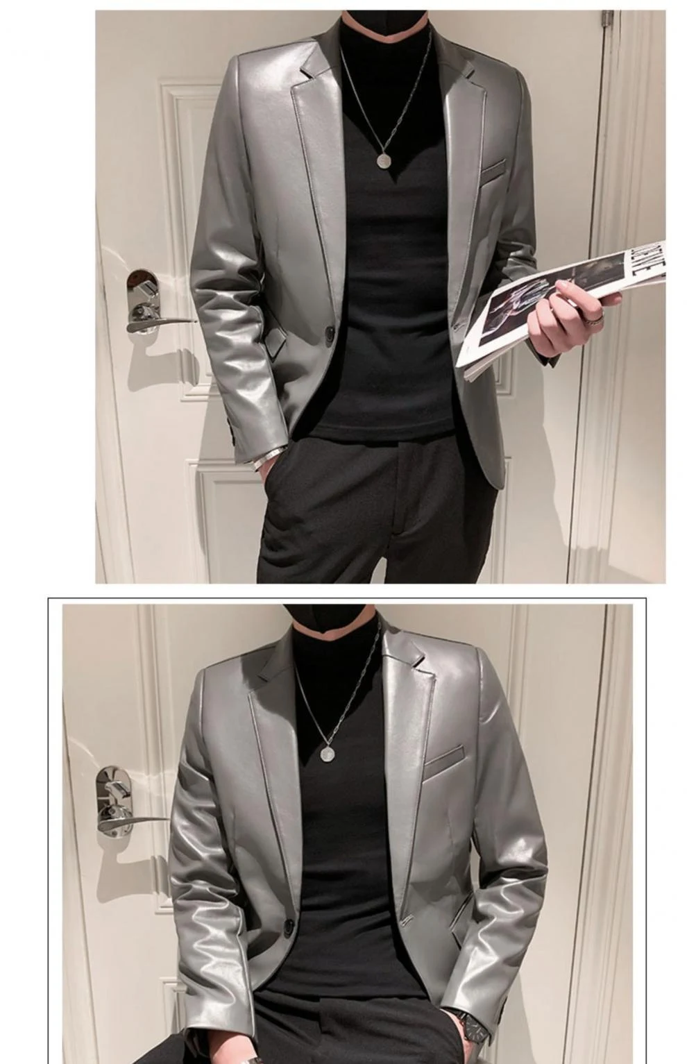 Title 2, Mens Korean Slim Fit PU Leather Jacket with Po...