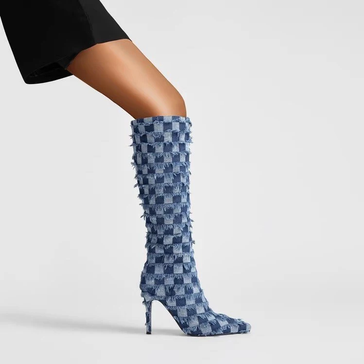 Title 3, Botas femininas de tecido denim azul xadrez, um...
