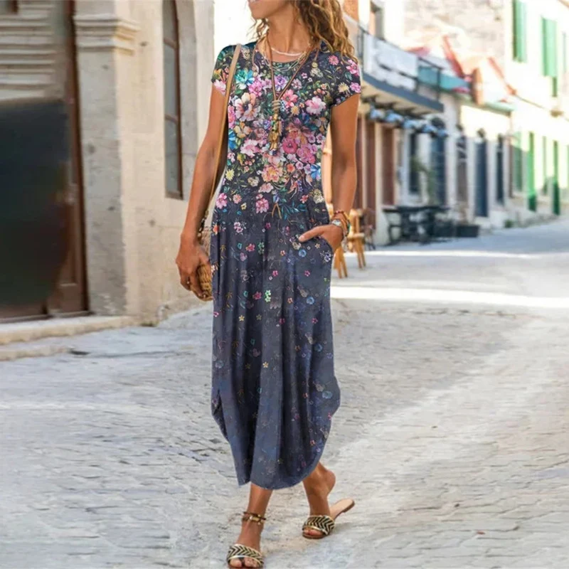 Round Neck Pocket Short Sleeve Trendy Printed Dress. Perfect for summer, this comfortable and stylish dress offers a fas — photo 1