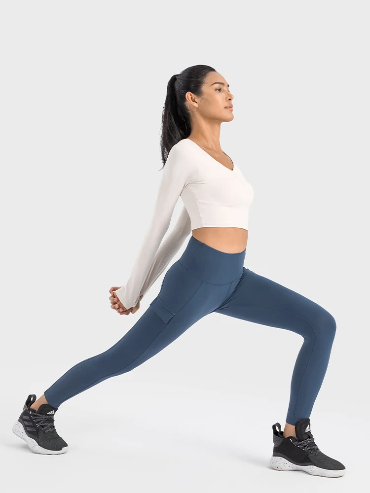 Dames yogabroek met hoge taille en zijzakken, overall stijl, perzik, voor oefening en workout. — foto 11