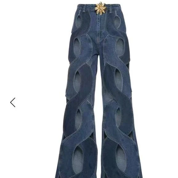 Women's Streetwear Cutout Hollow Out Criss Cross Straight Flare Denim Pants. Stylish, modern jeans for a bold, fashionab — photo 3