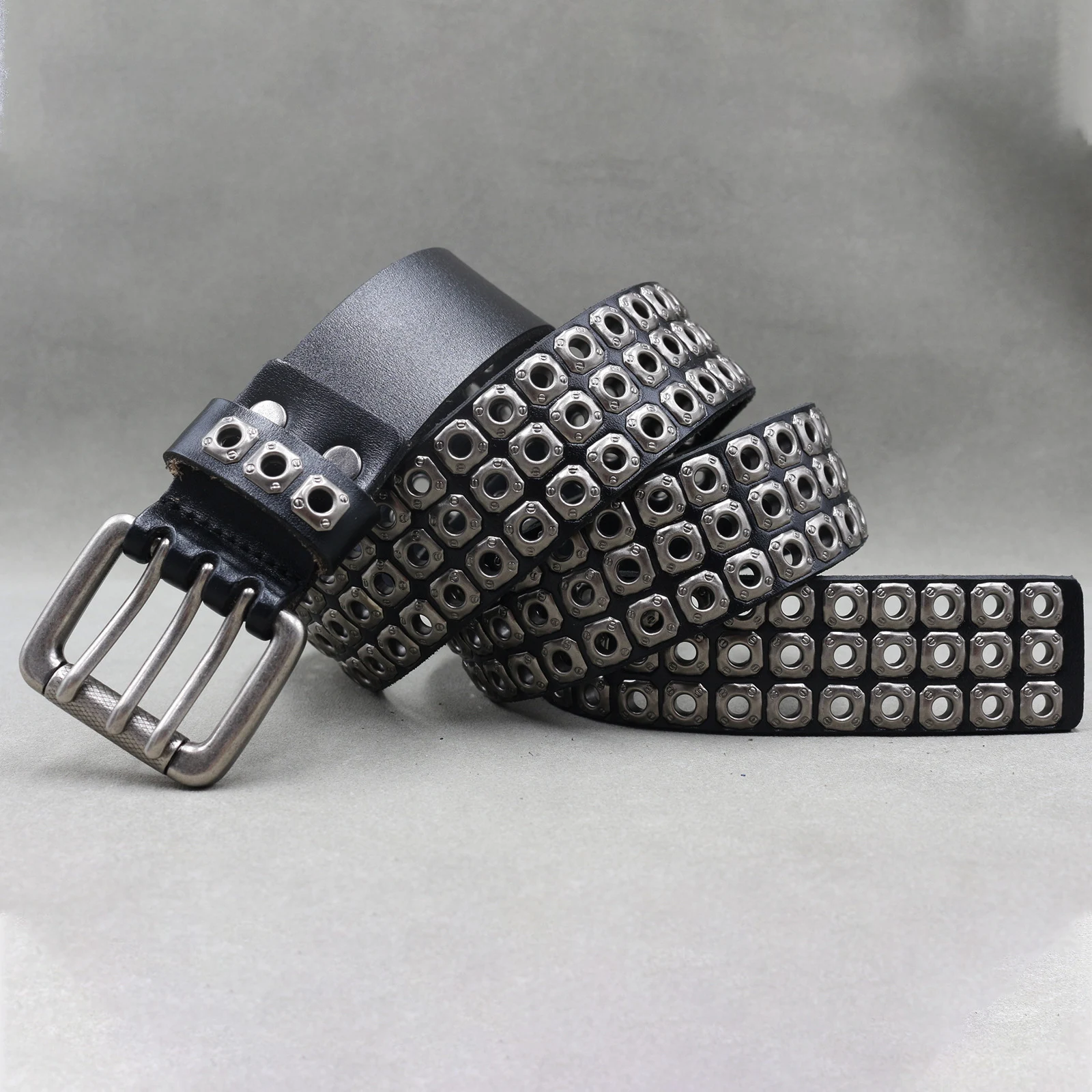 Men's Punk Eyelet Hollow-out Rivets Real Cowhide Belt, Durable and Stylish, a Statement Accessory for a Bold and Edgy Lo — photo 2