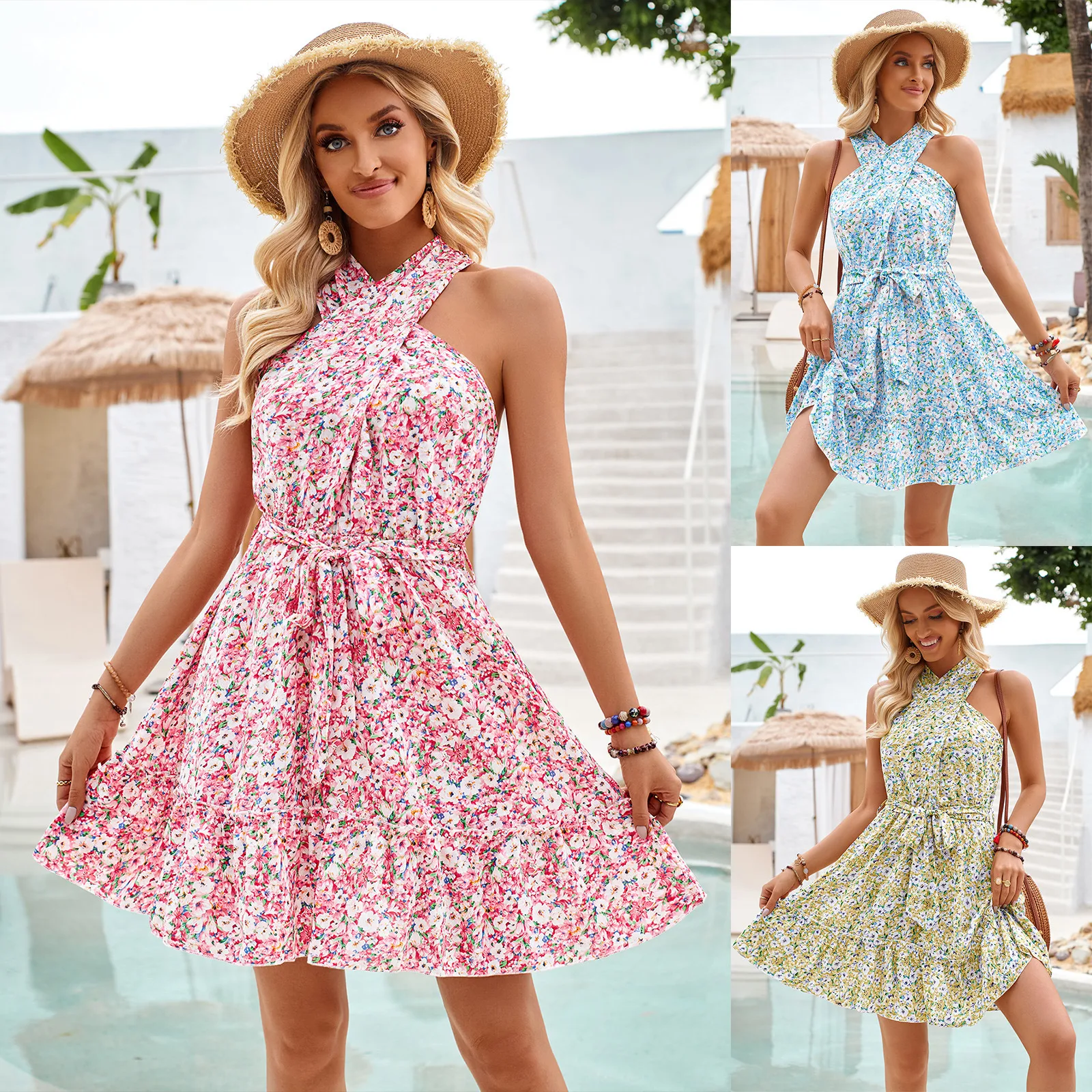 Abito halter con stampa, nodo e allacciatura in vita, valorizza la figura, perfetto per un look elegante e femminile. — foto 19