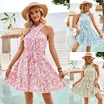 Abito halter con stampa, nodo e allacciatura in vita, valorizza la figura, perfetto per un look elegante e femminile. — foto 19