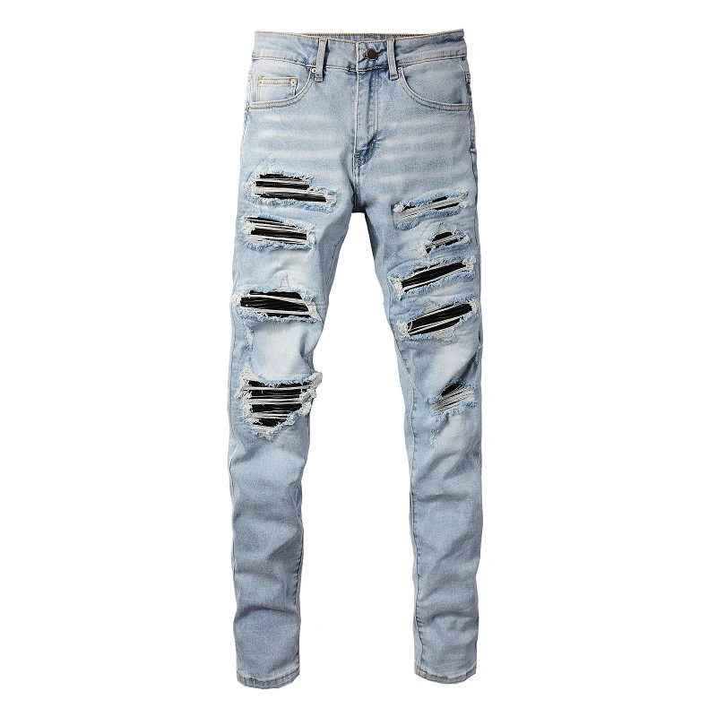 Jeans ajustados y elásticos para hombre con parches de cuero, ajuste delgado, comodidad y estilo. Perfectos para cualquier ocasión. — foto 5